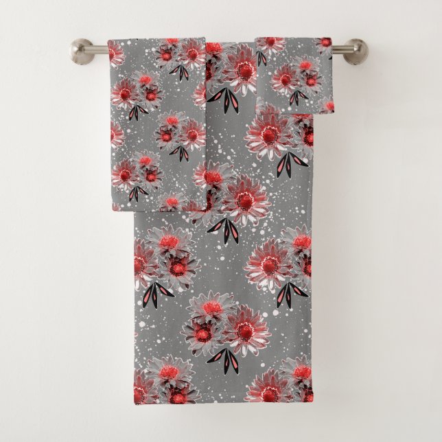 Red flowers on grey bath towel set (Insitu)