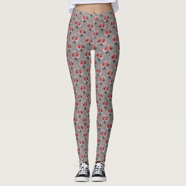 Red flowers on grey leggings (Front)