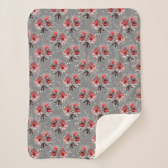 Red flowers on grey sherpa blanket (Front)