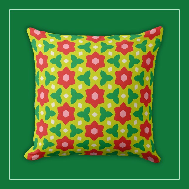 Red Flowers on Modern Lime Green Geometric Floral Cushion (Creator Uploaded)
