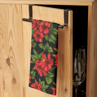 Red flowers on the black background tea towel