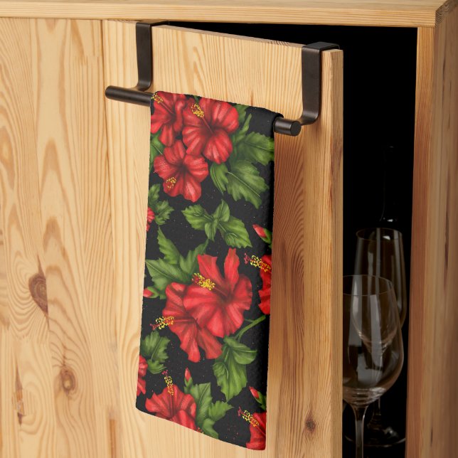 Red flowers on the black background tea towel (Thirds Fold)