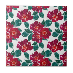 Red flowers on white. ceramic tile