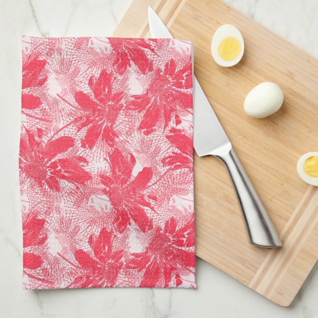 Red flowers on white. tea towel (Quarter Fold)