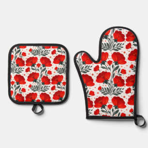 Red flowers oven mitt & pot holder set