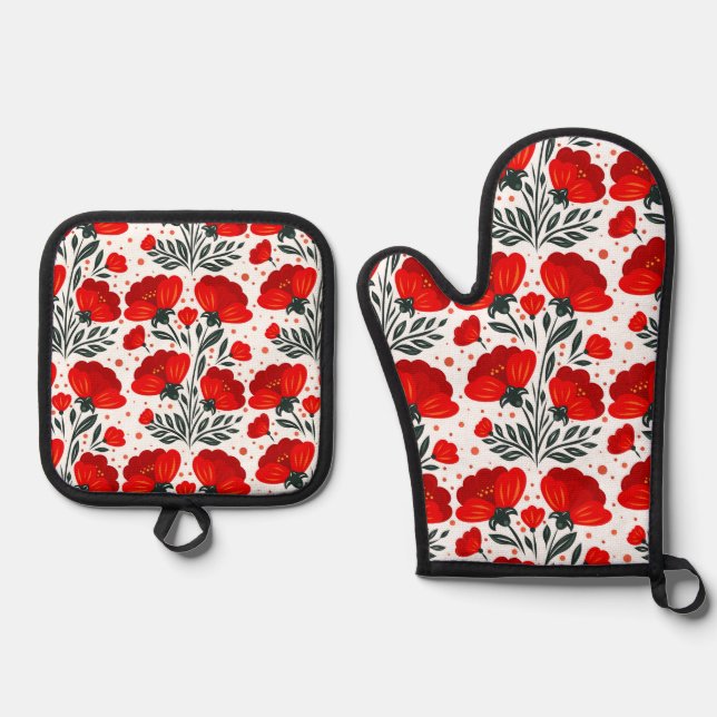 Red flowers oven mitt & pot holder set (Front)