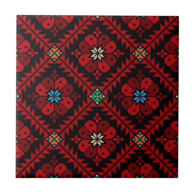 Red flowers Palestine Embroidery tatreez Pattern Ceramic Tile (Front)