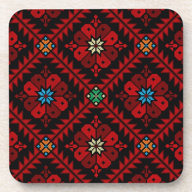 Red flowers Palestine Embroidery tatreez Pattern Coaster (Front)
