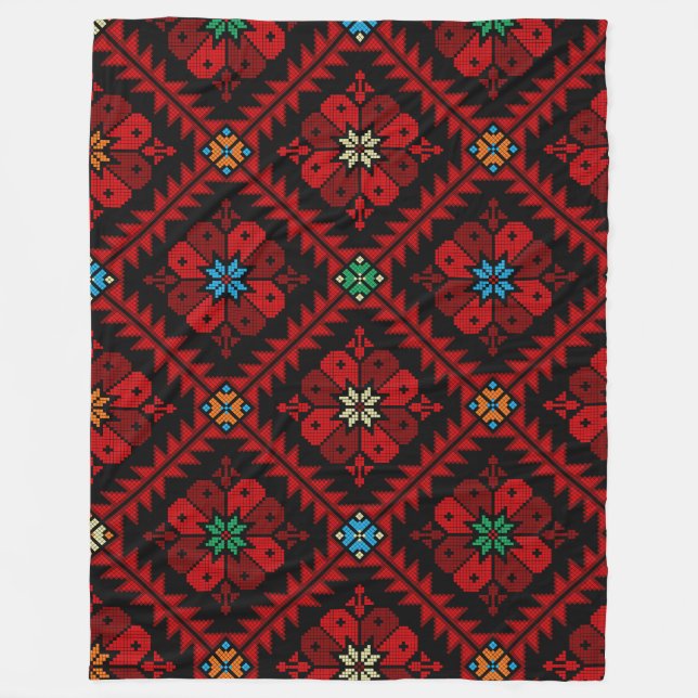 Red flowers Palestine Embroidery tatreez Pattern Fleece Blanket (Front)