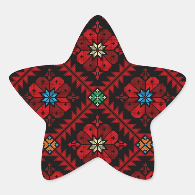 Red flowers Palestine Embroidery tatreez Pattern Star Sticker (Front)