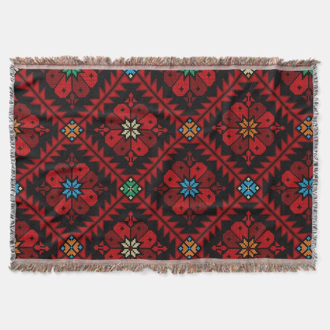 Red flowers Palestine Embroidery tatreez Pattern Throw Blanket (Front)