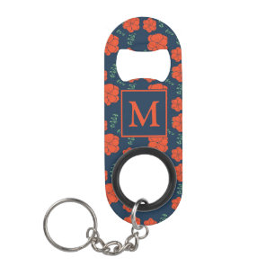 Red Flowers Pattern Dark Blue Monogram