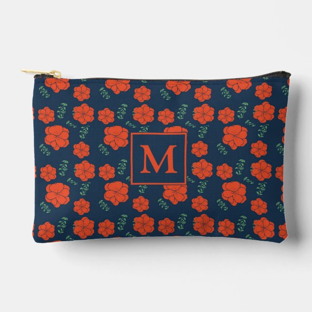 Red Flowers Pattern Dark Blue Monogram Accessory Pouch (Front)