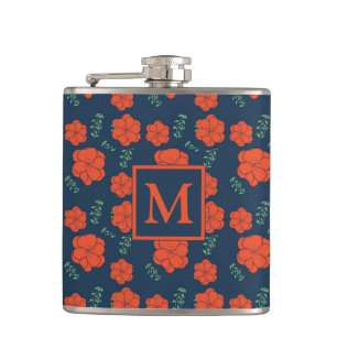 Red Flowers Pattern Dark Blue Monogram Hip Flask
