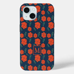 Red Flowers Pattern Dark Blue Monogram iPhone 15 Case