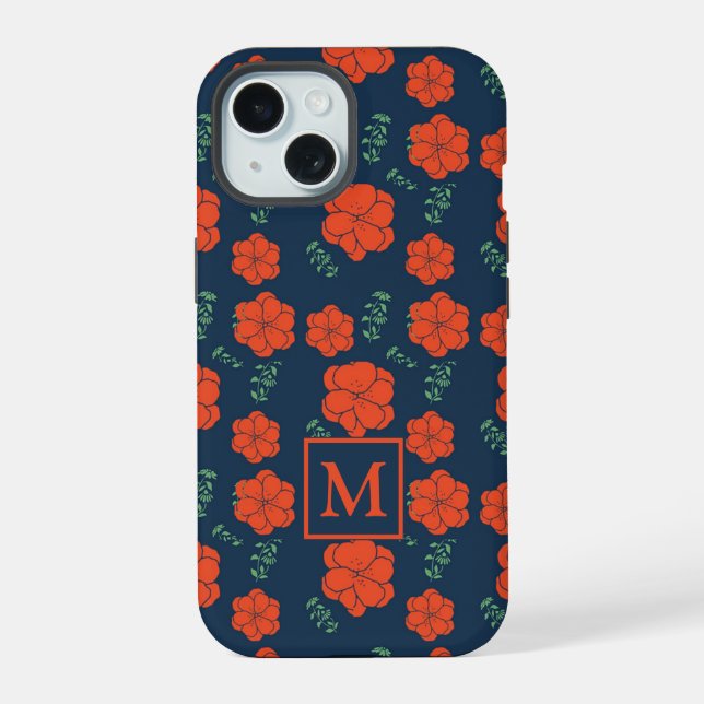 Red Flowers Pattern Dark Blue Monogram iPhone 15 Case (Back)