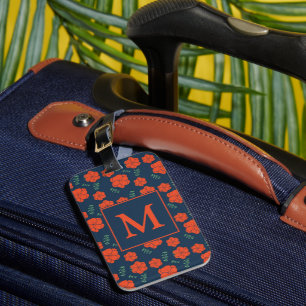 Red Flowers Pattern Dark Blue Monogram Luggage Tag