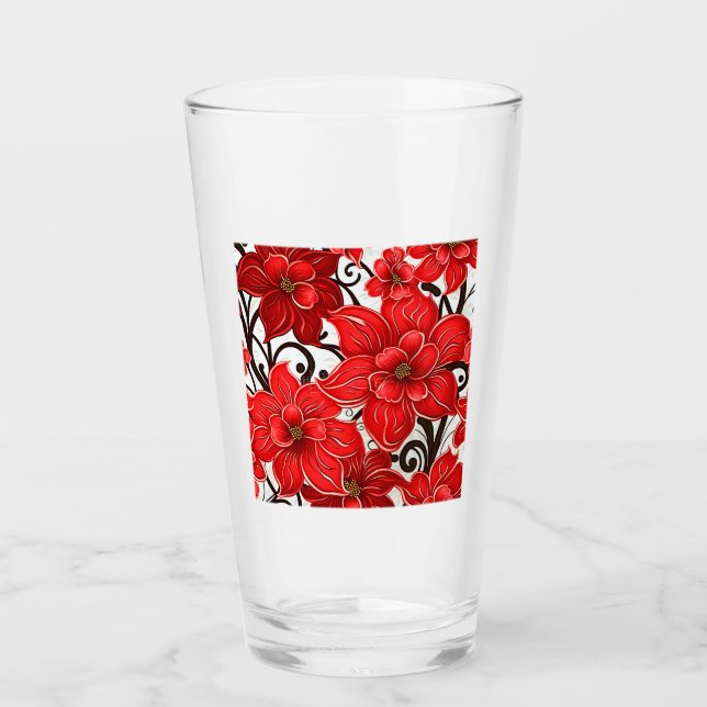 Red Flowers Pattern Glass Tumbler  (Front)