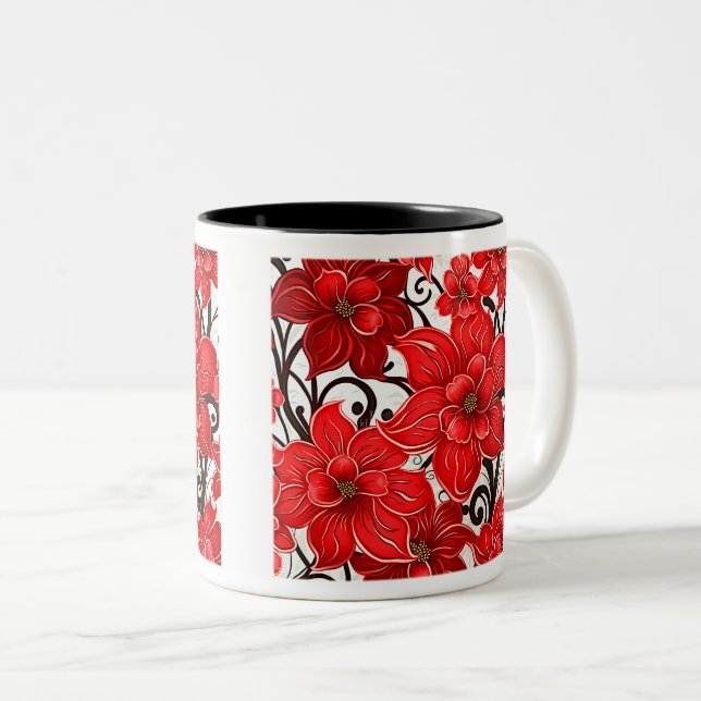 Red Flowers Pattern Two-Tone Mug, 11 oz  Coffee Mug (Front Right)