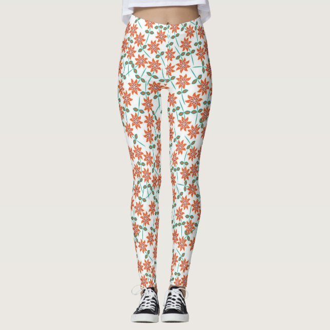 Red Flowers Pattern With White Background-142 Leggings (Front)