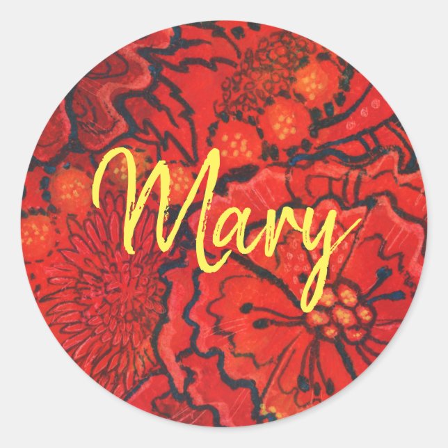 Red Flowers personalised monogram name custom text Classic Round Sticker (Front)