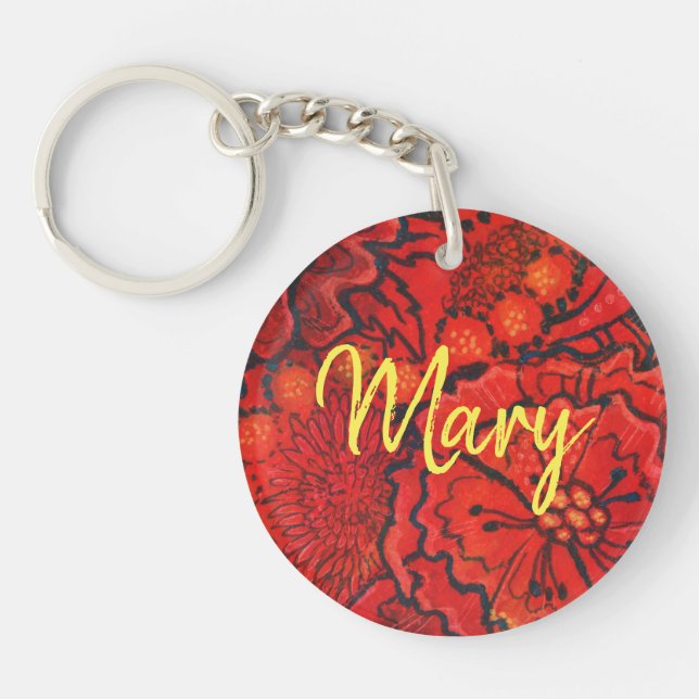Red Flowers personalised monogram name custom text Key Ring (Front)