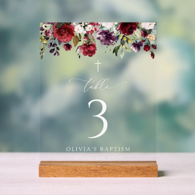 Red Flowers, Pink Flowers, Baptism Table Numbers Acrylic Sign (Neutral)
