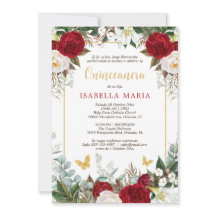 Red Flowers Quinceanera Invitation in Spanish 