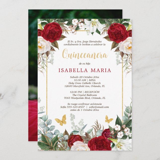 Red Flowers Quinceanera Invitation in Spanish  (Front/Back)