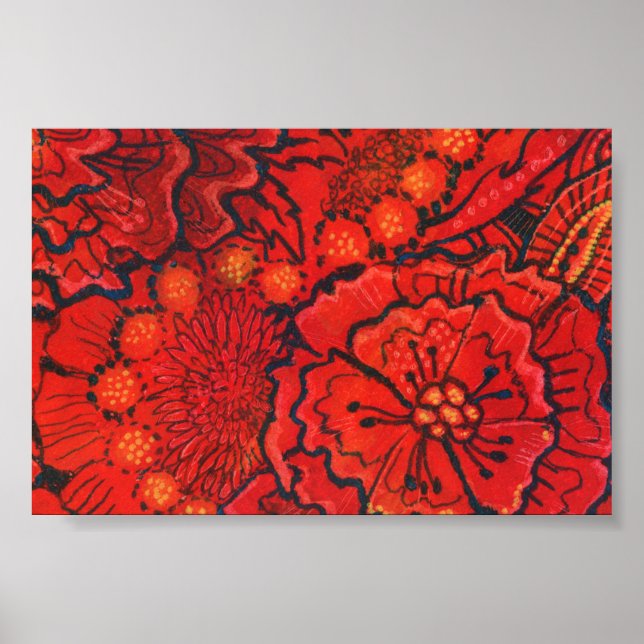 Red Flowers, Quirky Flower Abstract Floral Art Poster (Front)