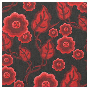 Red flowers/red leaves/Folk art floral 2 black Fabric