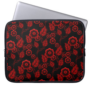 Red flowers, red leaves, Folk art floral/black Laptop Sleeve