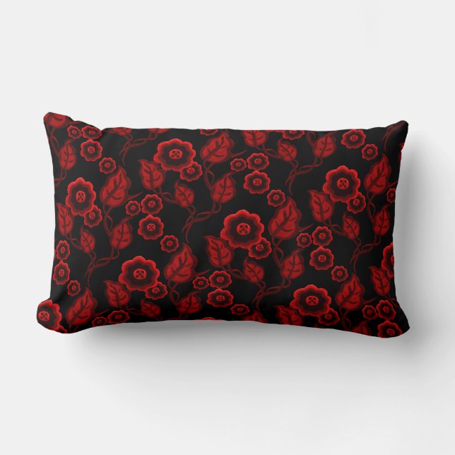 Red flowers, red leaves, Folk art floral/black Lumbar Cushion (Front)