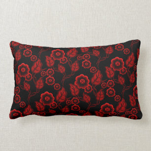 Red flowers, red leaves, Folk art floral/black Lumbar Cushion
