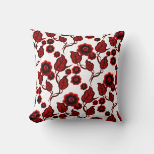 Red flowers, red leaves, Folk art floral Cushion