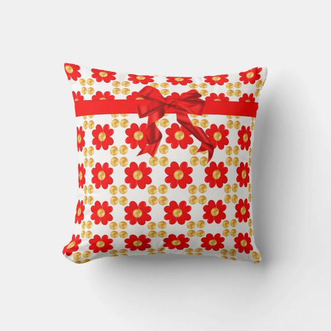 Red flowers & ribbon with golden dots on white cushion (Front)