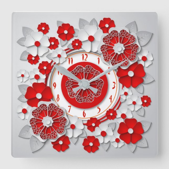 Red flowers square wall clock (Front)