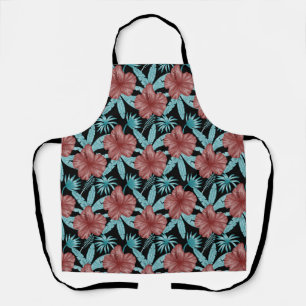 Red flowers tropical seamless pattern &blue leaves apron