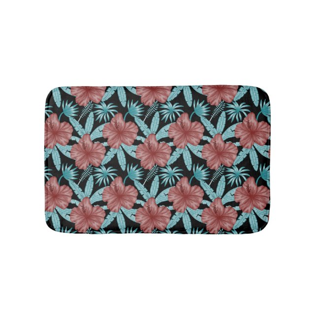 Red flowers tropical seamless pattern &blue leaves bath mat (Front)