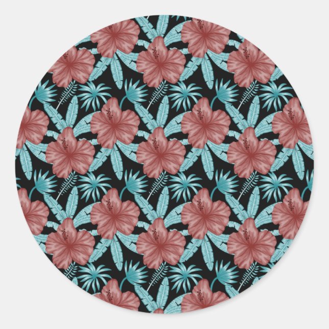 Red flowers tropical seamless pattern &blue leaves classic round sticker (Front)