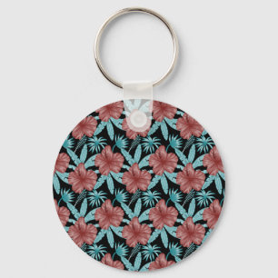 Red flowers tropical seamless pattern &blue leaves key ring