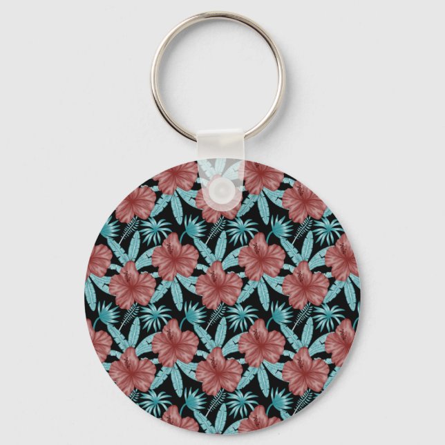 Red flowers tropical seamless pattern &blue leaves key ring (Front)