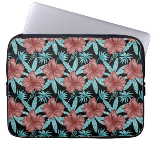 Red flowers tropical seamless pattern &blue leaves laptop sleeve