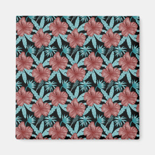 Red flowers tropical seamless pattern &blue leaves magnet