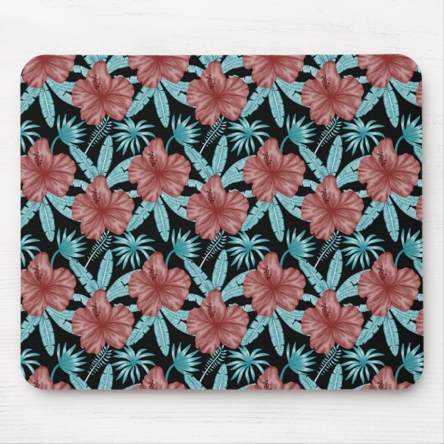 Red flowers tropical seamless pattern &blue leaves mouse pad (Front)