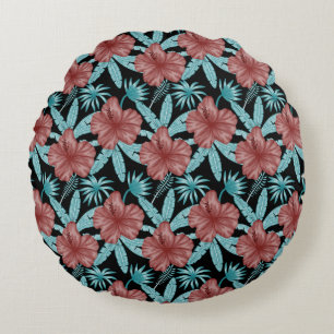 Red flowers tropical seamless pattern &blue leaves round cushion
