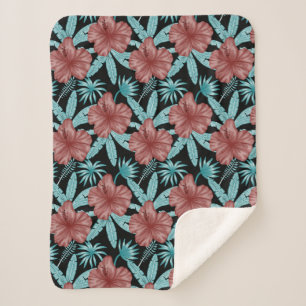 Red flowers tropical seamless pattern &blue leaves sherpa blanket