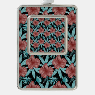 Red flowers tropical seamless pattern &blue leaves silver plated framed ornament