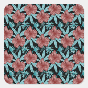Red flowers tropical seamless pattern &blue leaves square sticker