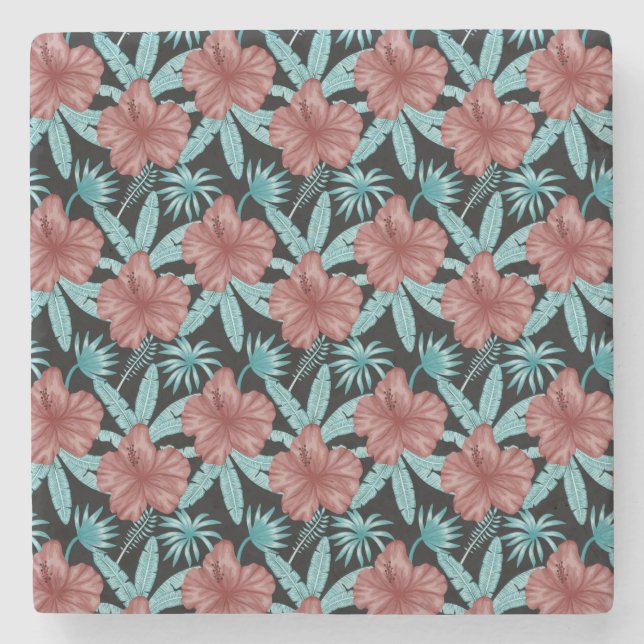 Red flowers tropical seamless pattern &blue leaves stone coaster (Front)